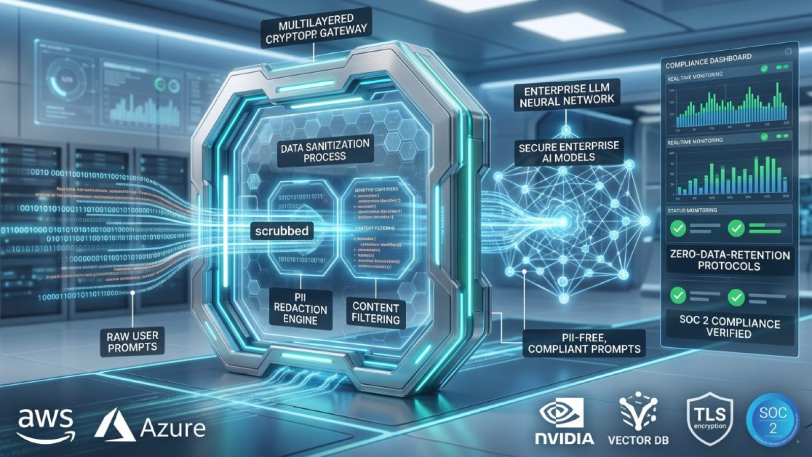 Architectural blueprint of enterprise LLM data privacy and compliance gateway with zero data retention and PII redaction