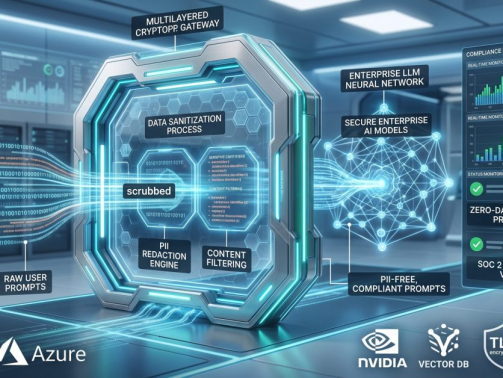 Architectural blueprint of enterprise LLM data privacy and compliance gateway with zero data retention and PII redaction